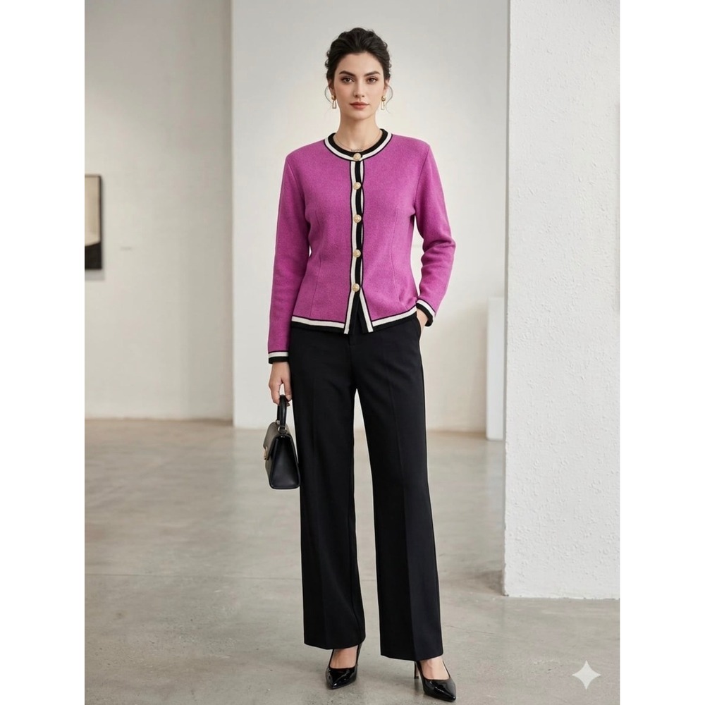 Classiques Entier Merino Wool Cardigan Pink Gold Button Contrast Trim Small